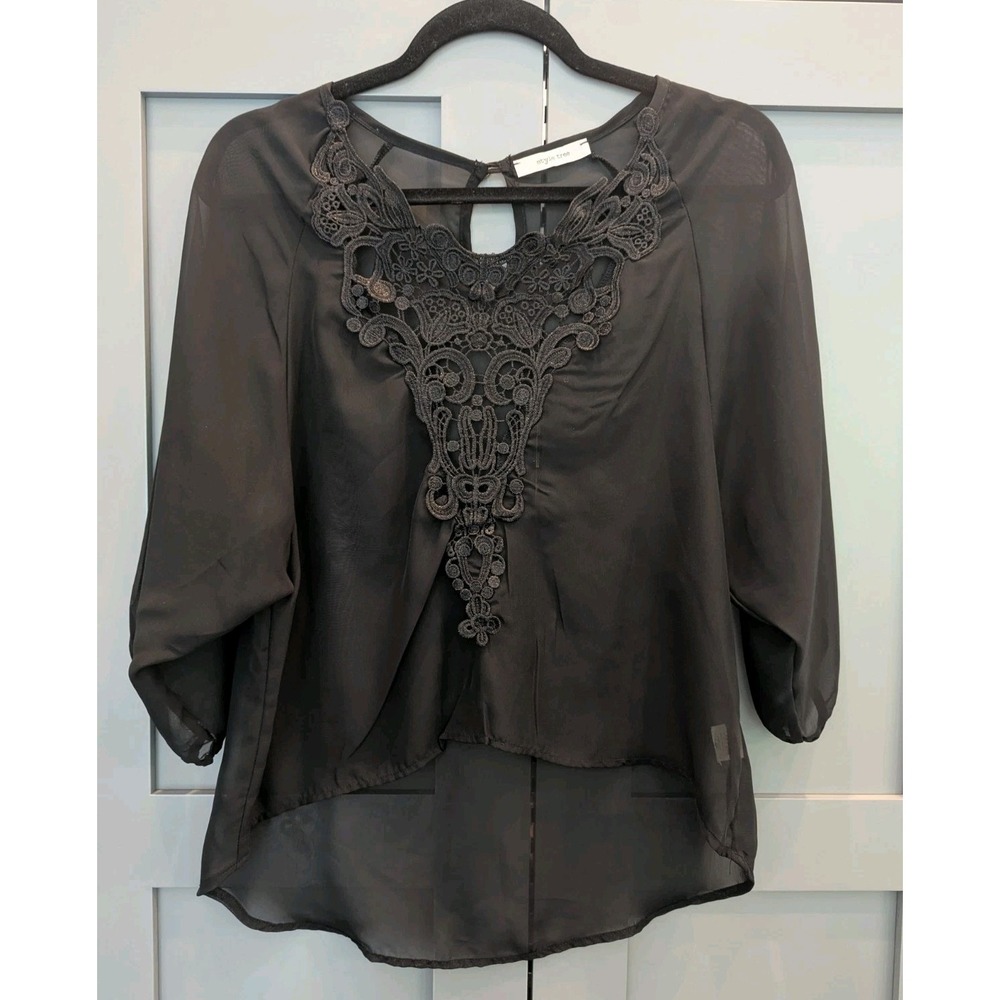 Vintage Witchy Whimsigoth Sheer Blouse Black Lace Sz Small Dark Fairy High Low